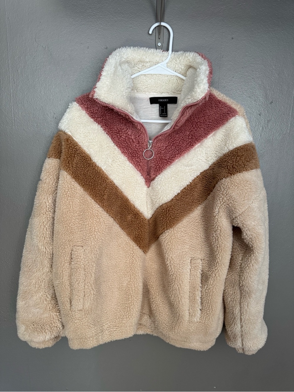 Forever 21 Cream, Pink & Brown Sherpa Half-Zip Jacket